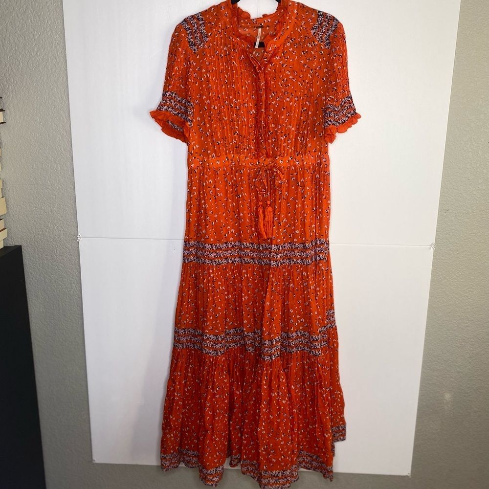 Free People Orange Floral Boho Tiered Midi Dress Ruffle Sleeve Size M - Picture 3 of 13
